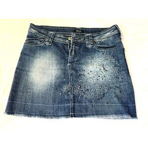 VTG 90's Versace Jeans Couture Denim Blue Embroidered Mini Skirt Jewels Sz 30